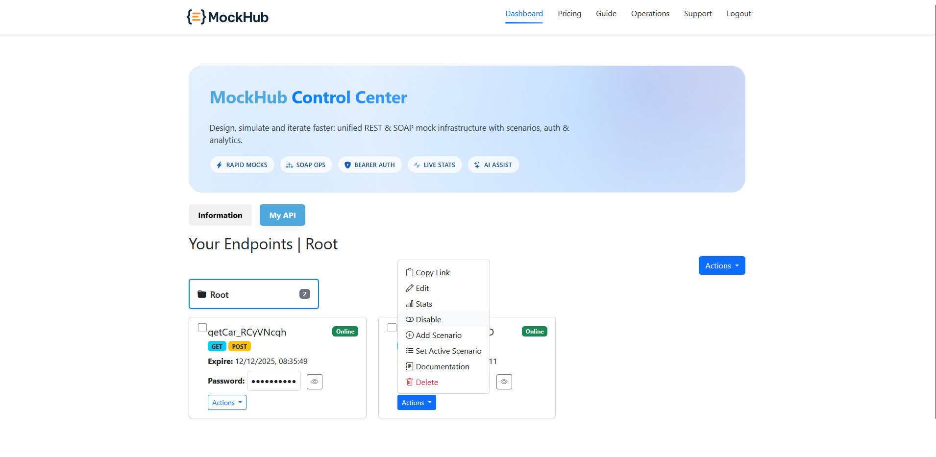 Dashboard endpoint Actions menu opened