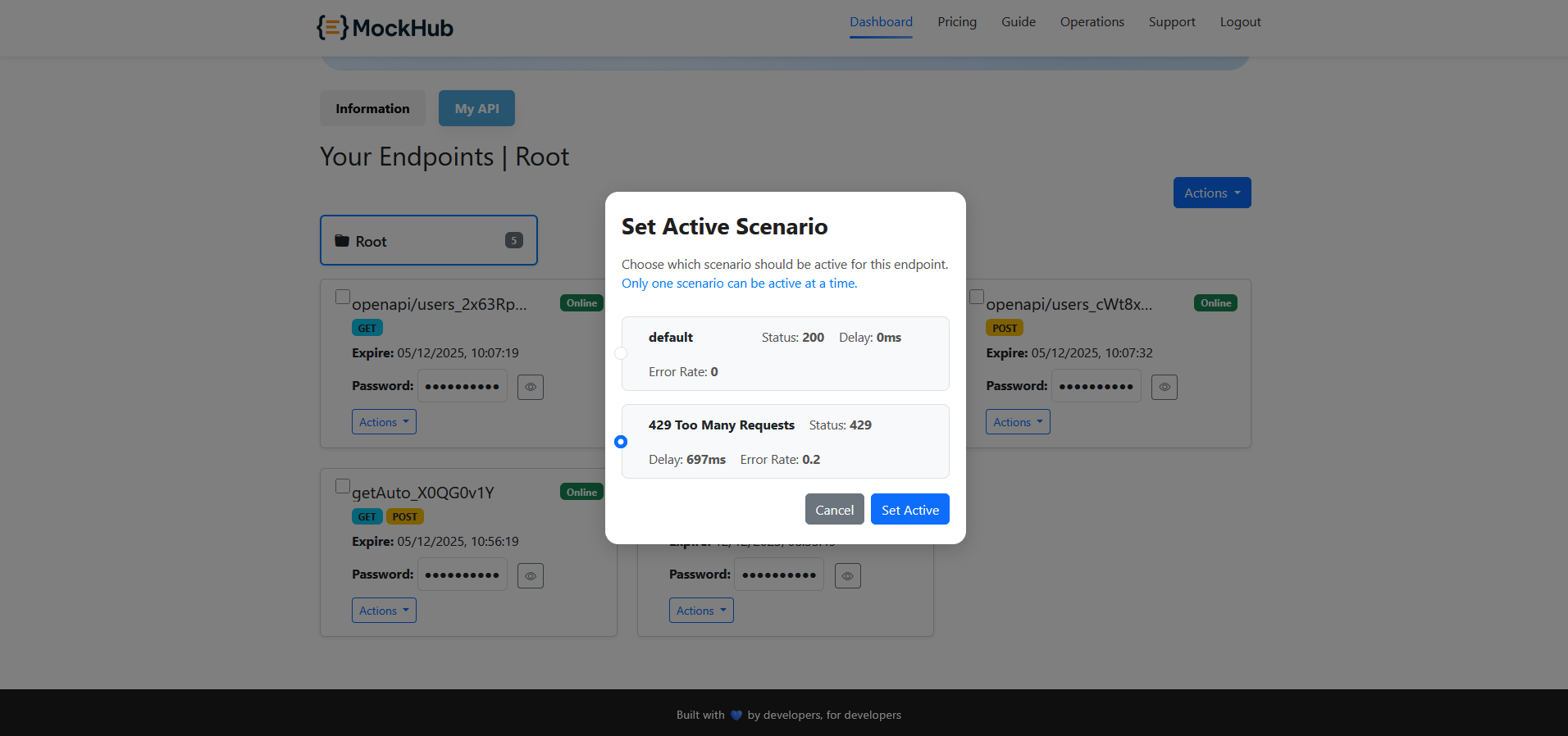 Dashboard after setting active scenario